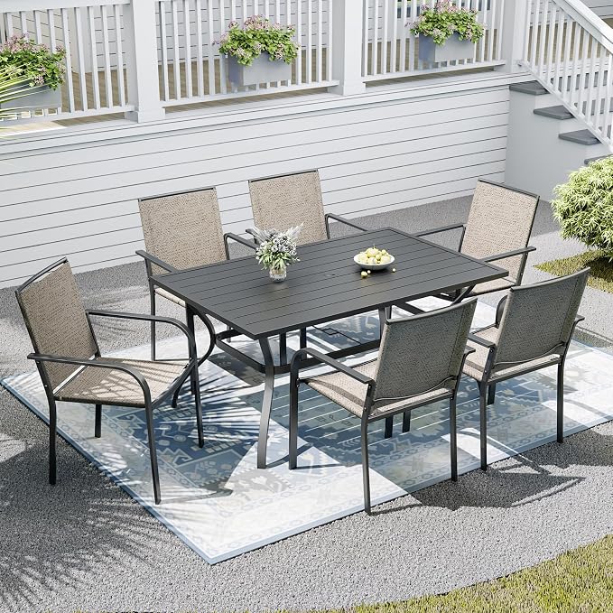 Patio Dining Set,Including 60"x 38" Steel Slat Dining Table and 6 Stackable Patio Chairs,Outdoor Furniture Set with 1.6" Umbrella Hole for All Weather