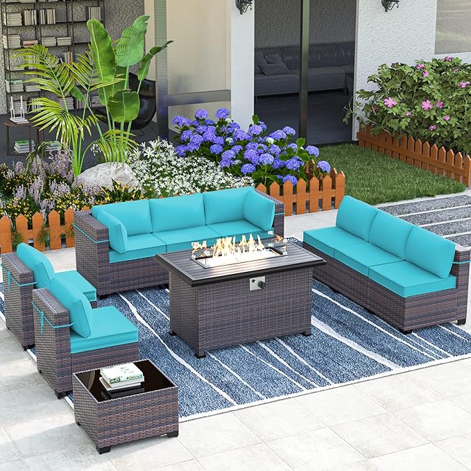 Outdoor Patio Furniture Set with Gas Fire Pit Table, 10 Pieces Outdoor Furniture Set Patio Sectional Sofa w/43in Propane Fire Pit, PE Wicker Rattan Patio Conversation Sets -Blue.
