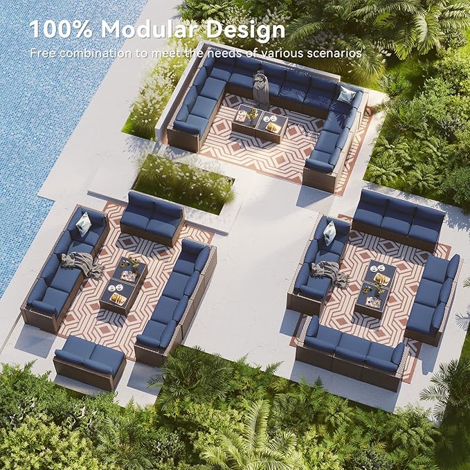 LazySunsets 14 Piece Outdoor Patio Furniture Set with Coffee Table, Outdoor Patio Furniture Sets with Waterproof Cover and Thicken Cushion, Wicker Outdoor Conversation Set for Backyard & Garden, Blue