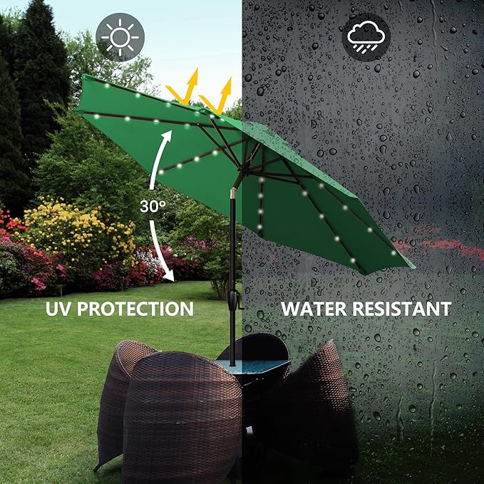 Sun-Ray 9' Round Patio Umbrella with 32 Solar Powered LED Lights, Push-Button Tilt and Hand Crank Lift, Solar Umbrella in Hunter Green for Porch, Deck, and Patio