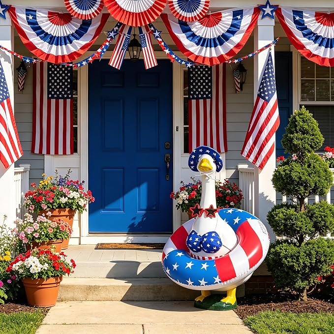 Bikini Porch Goose Outfits Fits 23" Goose Statue Summer Porch Goose Outfit | Independence Day Goose Costume, Hat & Sunglasses Included, Star-Spangled Swim Ring, US 250th Anniversary Garden Decor