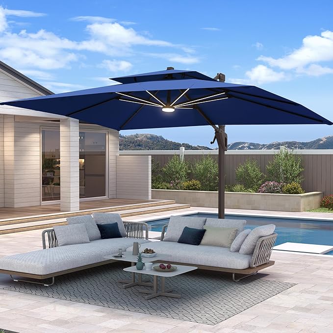 10 X 13 FT Cantilever Patio Umbrella with Base Included & Led Lights Outdoor Rectangle Offset Large Double Top Heavy Duty Umbrellas 360°Rotation for Pool Deck Backyard Garden, Navy