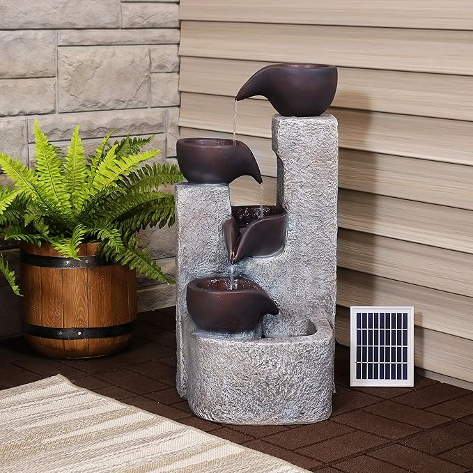 Sunnydaze Aged Tiered Vessels 29-Inch Solar Fountain with Battery Backup - Submersible Pump - Polyresin
