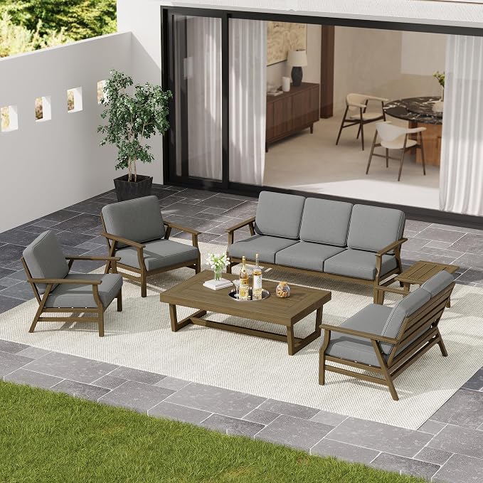 4 Pieces Patio Furniture Sets, Teak Wood Outdoor Sectional Furniture with Coffee Table, 5 Seats Patio Sofa Couch Conversation Set for Backyard Deck - Gray