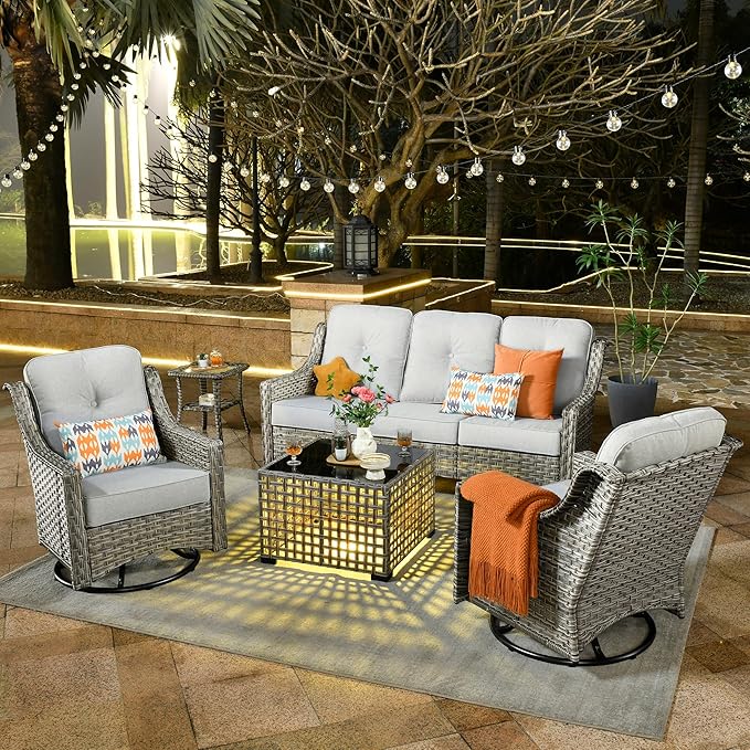 ovios 5 Piece Outdoor Patio Furniture with 3 Seat Sofa,Rattan Wicker Coversation Set with Swivel Rocking Chair,Balcony Sofa Set with Shiny Table for Outside Porch Backyard Pool, Light Grey