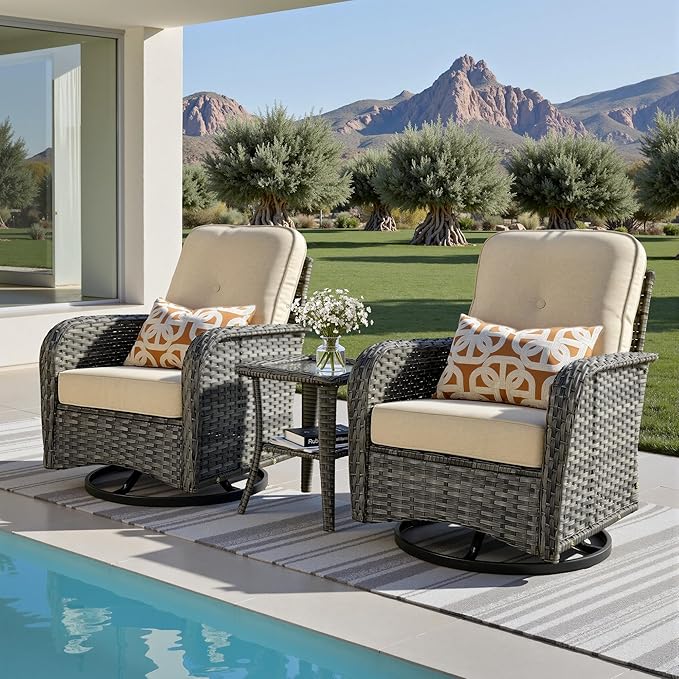 3-Piece Patio Furniture Set, Outdoor Wicker Furniture with Coffee Table, High Back Swivel Rocker Patio Chairs, Modern Rattan Outdoor Chairs Conversation Set for Porch, Balcony, Garden, Beige