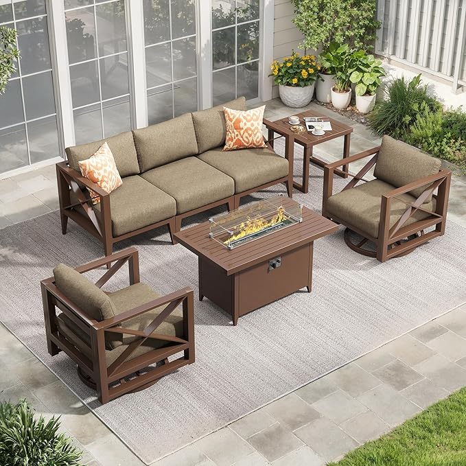 Aluminum Patio Furniture Set with Oversized Fire Pit Table, 7-Piece All-Weather Outdoor Conversation Set with Swivel Rocking Chairs, Oversized Modern Sofa for Backyard, Deck, Balcony-Brown