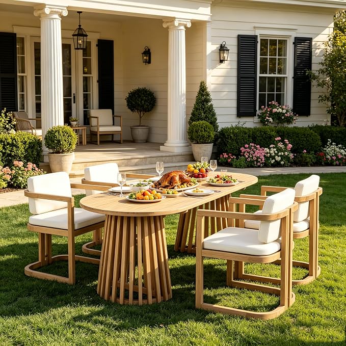 Christopher Knight Home Evana Acacia Wood Dining Table Set for 4, Solid Wood Outdoor Dining Set for 4, Modern Oval Patio Dining Table and Chair Set with Cushions, Brown + Light Teak + Beige