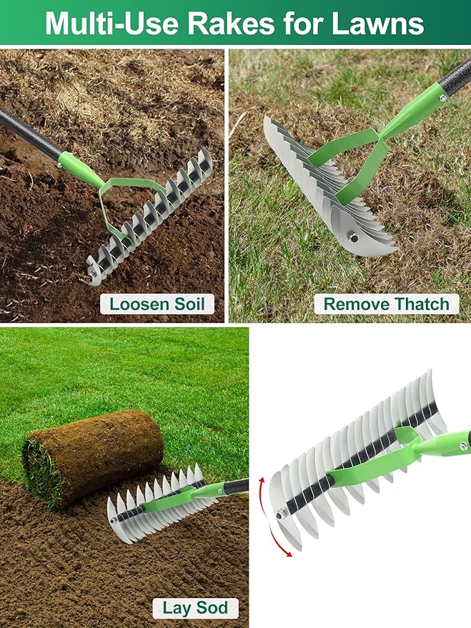 Thatch Rake for Lawns, Heavy Duty Garden Dethatcher Rakes with 46" Adjustable Long Handle, Double-Sided Sharp Tines for Dead Grass Moss Removal, Manual Metal Soil Loosening Thatching Tools for Yard