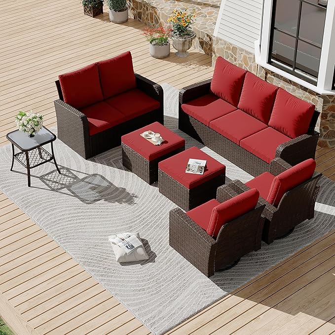 HOMREST 7 Piece Patio Conversation Sets,Outdoor Furniture Sets w/ 3-Seat Sofa & Loveseat Couch, Rattan Wicker Swivel Chairs w/ 2 Ottoman, Coffee Table & Cushions for Garden, Poolside, Backyard (WR)