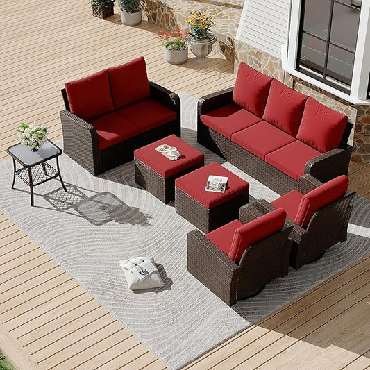 HOMREST 7 Piece Patio Conversation Sets,Outdoor Furniture Sets w/ 3-Seat Sofa & Loveseat Couch, Rattan Wicker Swivel Chairs w/ 2 Ottoman, Coffee Table & Cushions for Garden, Poolside, Backyard (WR)