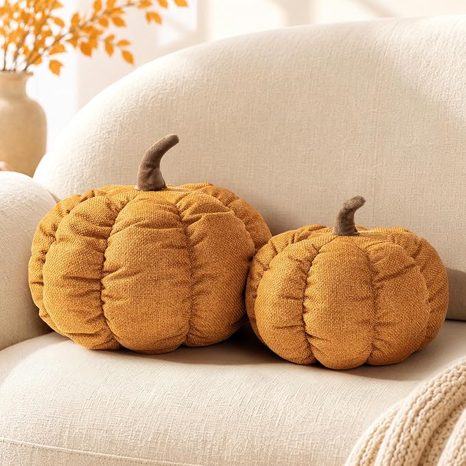 AELS Pumpkin Throw Pillows Set of 2, 14" & 10" Burnt Orange Fall Pillows | for Couch Sofa Bed Living Room Home Decor, Farmhouse Textured 3D Fall Halloween Thanksgiving Decorative Accent Pillows