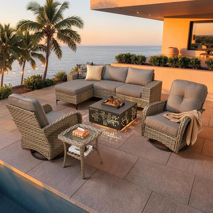 CAODOC 8-Piece Patio Furniture Set with L-Shape Sofa Chaise, Outdoor Sectional Couch Solar Table, Modern Modular Wicker Rattan Conversation Set