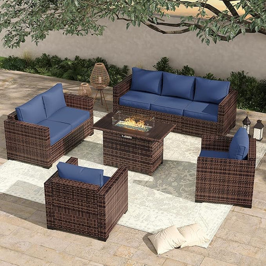 Amopatio Oversized Outdoor Sectional Sofa Set with 44" Metal Fire Pit Table & Storage Coffee Table - Waterproof Wicker Patio Furniture Set, Modular Furniture with Removable Cushions (Navy)