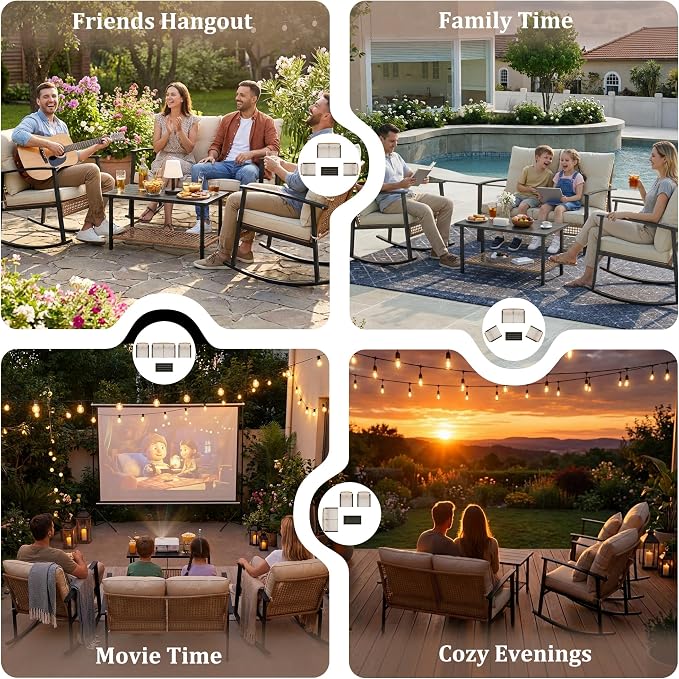Deersky 4 Piece Outdoor Patio Furniture Set, Outdoor Rocking Chairs and Table, All-Weather Modern PE Wicker Rattan Patio Conversation Set for Porch Sunroom Deck and Yard, Cream White