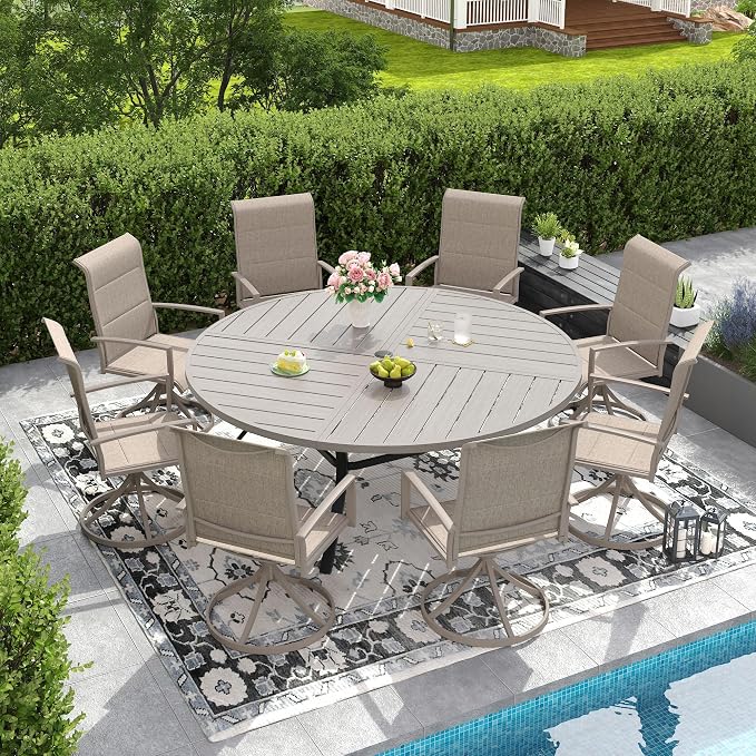 DIFY 9 Piece Outdoor Dining Set, Metal Patio Table and Chairs Set, 63" Grey Wood-Like Round Dining Table & 8 Sandshell Padded Textilene Swivel Patio Chairs, Outdoor Furniture Set for Garden Backyard
