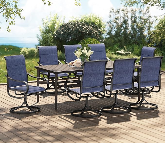 PHI VILLA 9 Piece Outdoor Dining Set for 8 Person, 82'' Rectangle Metal Slat Table and 8 Swivel Padded Patio Chairs, All Weather Patio Table and Chairs Set for Deck Garden Yard (Blue)