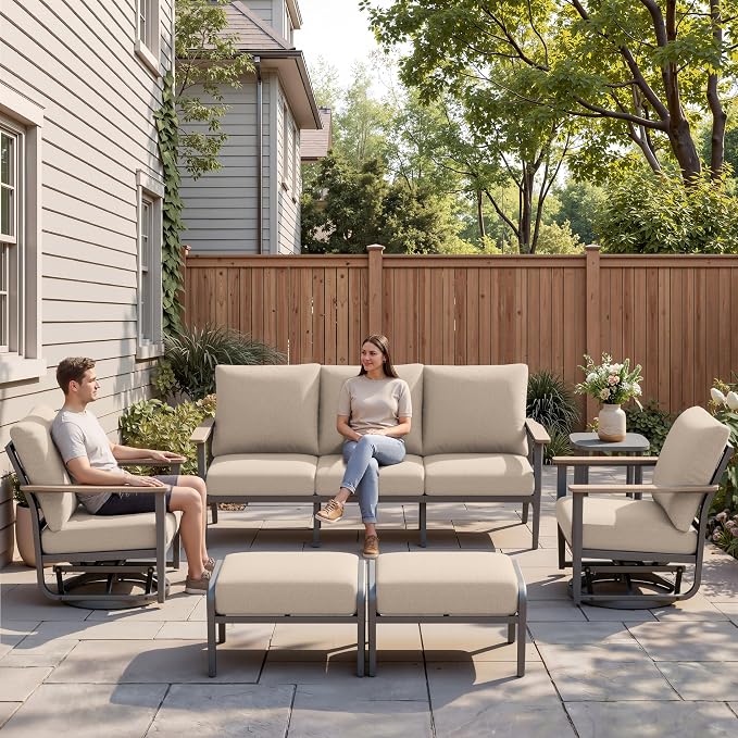 Aluminum Outdoor Patio Furniture Set, 6-Piece Outdoor Sofa with 5.1" Thick Cushions, Swivel Rocking Chairs, Outdoor Couch with Ottomans, for Porch, Garden, Khaki