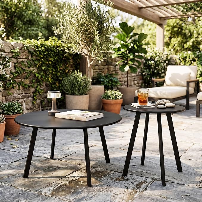 Nesting Side Table Set of 2, Modern Black Metal Wire Round End Tables, Industrial Accent Tables for Patio, Balcony, Living Room, Garden (Black Table)