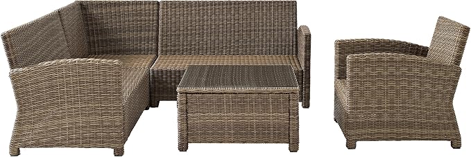 Crosley Furniture Bradenton 5-Piece Outdoor Sectional Sofa Wicker Conversation Patio Furniture Set for Deck, Brown with Sangria Cushions
