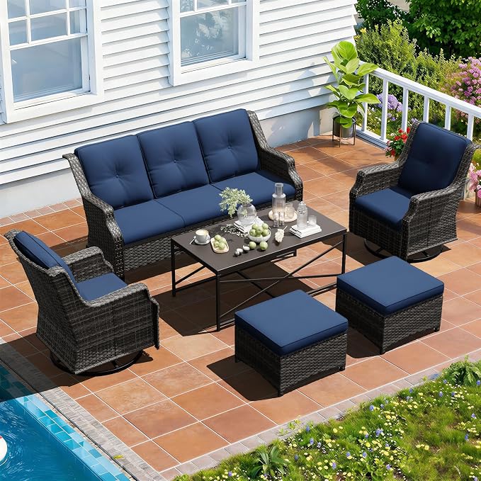 Outdoor Patio Furniture Set, 6 Piece Wicker Patio Furniture with Thick Cushions, Curved Armrest, Deep Seating, Outdoor Swivel Rocker Chairs for Porch, Deck, Balcony