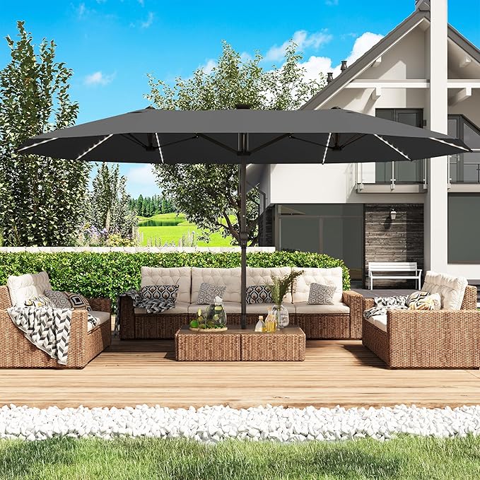 GDPFN 15ft Large Patio Umbrella with Solar Lights, Outdoor Double-Side Rectangular Umbrella, Backyard Pool Umbrella with LED Light for Deck, Outside, Market, Dark Gray (Base Not Include)