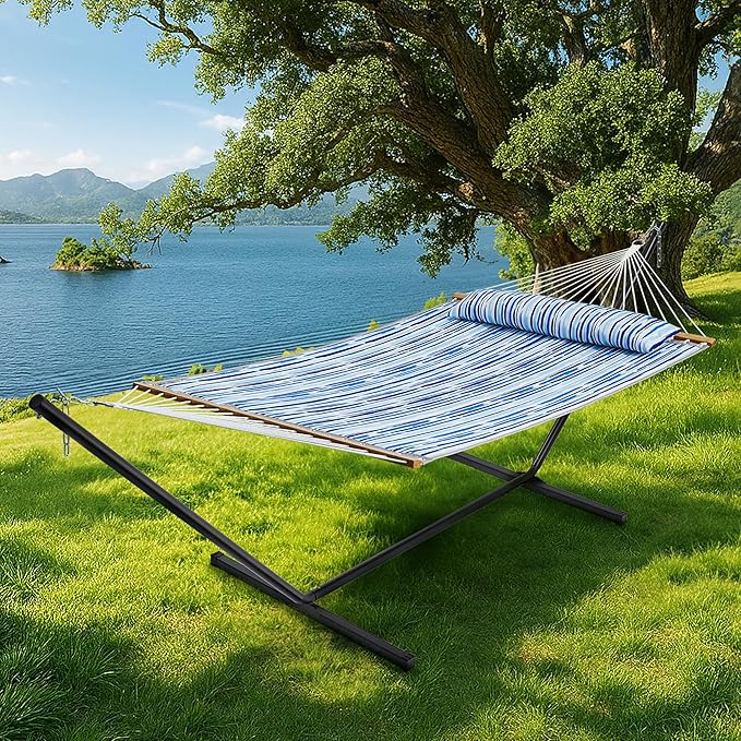 SUPERJARE Hammock with Stand, 2 Person Quilted Outdoor Hammock, Detachable Pillow & Bamboo Spreaders, Portable Hammock with Carrying Bag, Heavy Duty Stand, Perfect for Outside, Patio, Graffiti Blue