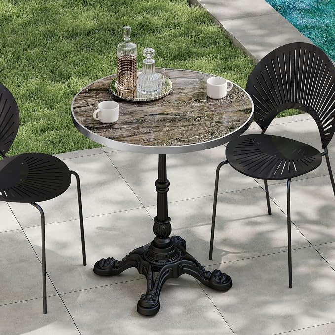 31.5" Sintered Stone Round Dining Table for 2-4 People, Marble Look Bistro Table with Heavy Duty Cast Iron Base for Outdoor Patio Garden Cafe, Living Room Balcony, Commercial Grade Small Space, Black