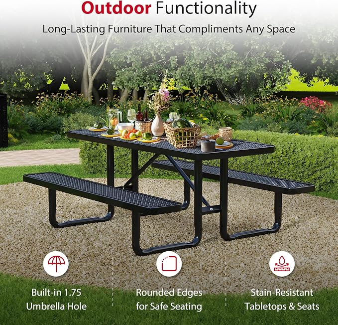 Leisure Craft Metal Picnic Table with Bench - 6 ft Rectangle Outdoor Dining Table for 6, Umbrella Hole, Weatherproof Heavy Duty Thermoplastic Coating, Commercial Grade Furniture Made in USA - Black