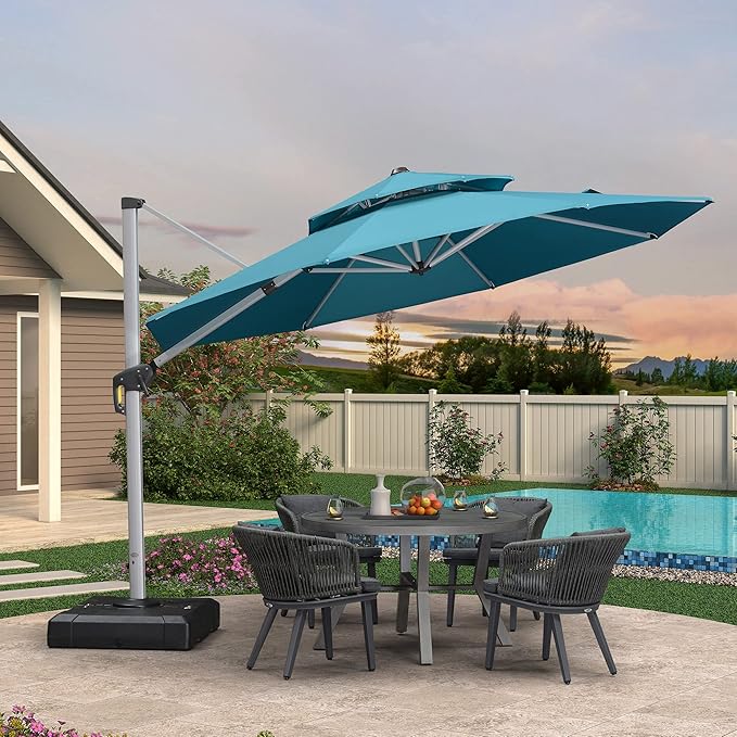 PURPLE LEAF 12 FT Cantilever Patio Umbrellas with Base Included, Large Round Offset Umbrella with 360° Rotation, Outdoor Aluminum Pool Umbrella for Pool Lawn Garden, Turquiose
