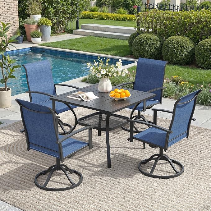 5 Pieces Outdoor Patio Dining Set, 37.8" All Weather Square Metal Table with Umbrella Hole and Storage Shelf, 4 High Back Textilene Swivel Chairs for Garden, Lawn, Black Table & Blue Chairs