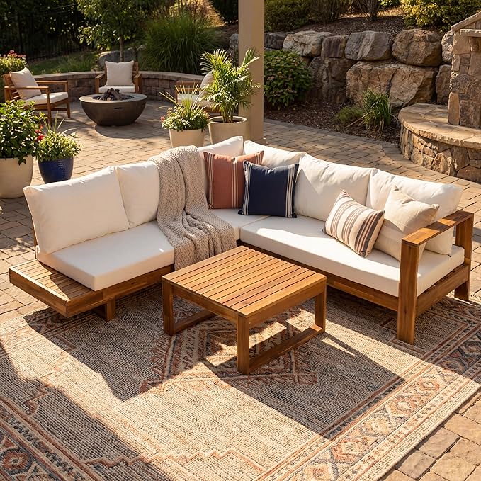 Christopher Knight Home Tenny 5-Seater Acacia Wood Patio Furniture Set, Outdoor Conversation Corner Sofa Set with Club Chair+Coffee Table, Patio Sectional Chat Set for Backyard/Balcony, Teak+Beige