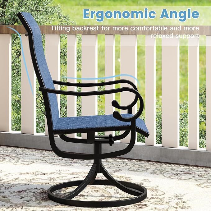 DIFY 7 Pieces Outdoor Patio Dining Set for 6, Swivel Dining Chairs with Blue Textilene and 63" Black Rectangle Metal Dining Table, Outdoor Table and Chairs for Lawn Garden Backyard Deck
