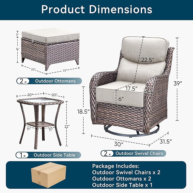 Luxury 5 Pieces Patio Furniture Set-Outdoor Swivel Rocker Patio Chairs with 6" Thick Cushions, Swivel Rocker Chairs with Ottomans & Side Table, Outdoor Conversation Sets for Porch Deck(Brown/Beige)