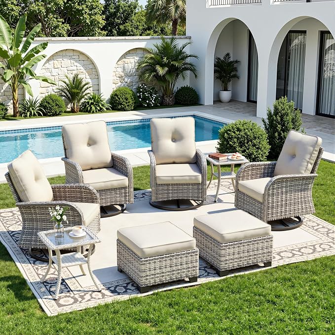 8-Piece Small Patio Furniture Set, Outdoor Swivel Rocking Chairs Set with Ottomans, Patio Bistro Set for Balcony, Deck, Porch,Ivory