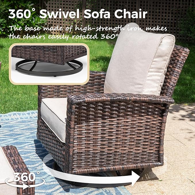 Swivel Patio Wicker Chairs Set of 2, High Back Outdoor Swivel Patio Rattan Chairs with 5.5" Thick Cushions for Bistro Balcony Porch Deck and Yard, Beige