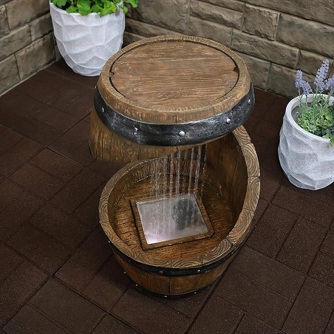 Sunnydaze Spiraling Barrel 25-Inch Outdoor Water Fountain with LED Lights - Electric Submersible Pump with Adjustable Flow