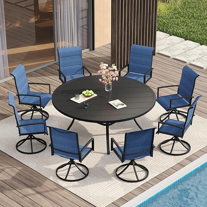 VICLLAX Outdoor Dining Set for 8, Outdoor Furniture Includes 60" Round Patio Table and Swivel Padded Chairs, Black Tabletop and Blue Fabric