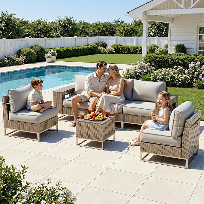 Outdoor Patio Furniture Set 6-Piece PE Rattan Wicker Outdoor Sectional Sofa with Thickened Cushions and Chunky Arms, Modern Modular L-Shaped Conversation Set for Garden, Backyard, Greige