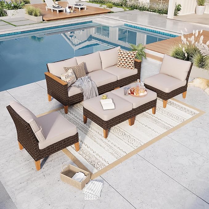 GREEN PARTY 7 Pieces Wicker Patio Furniture Set, All-Weather Outdoor Rattan Patio Sectional Sofa Conversation Set with 4" Thick Cushions for Garden, Backyard, 2 x Ottomans