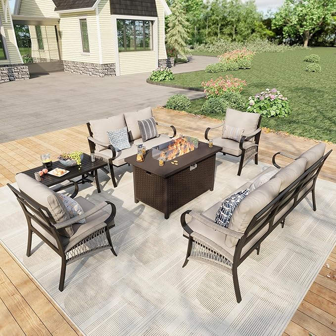 6 Pieces Patio Furniture Set, Metal Outdoor Conversation Sets with Fire Pit Table for Backyard Garden Deck Porch Poolside (Thick Beige Cushions)