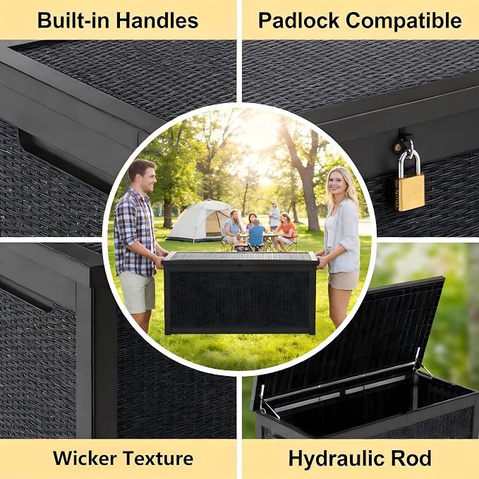 328 Gallon Waterproof Outdoor Storage Box, Heavy Duty Resin Deck Box Lockable, Large Outside Patio Storage Bench for Garden Tools & Pool Accessories, Hydraulic Lift, All-Season UV-Resistant, Black