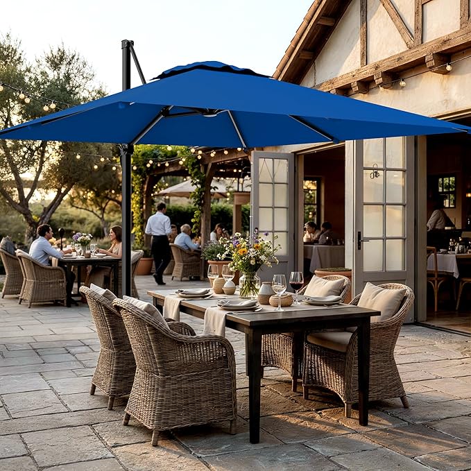 AreShark 9 × 9FT Square Cantilever Patio Umbrella with Base Included, 360° Rotation Offset Outdoor Umbrella, 5 Tilt Settings Heavy Duty Hanging Parasol for Deck Garden Pool, Royal Blue