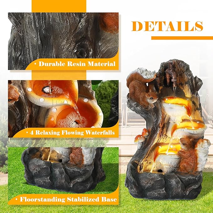 4-Tiers Indoor/Outdoor Garden Water Fountain - 22" Modern Cascading Water Fountains, Freestanding Resin Waterfall Fountain with 4 LED Lights, Squirrel & Mushroom for Deck Patio Porch Yard