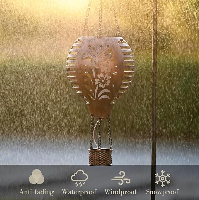 TERESA'S COLLECTIONS 1 Pack Hummingbird Hot Air Balloon Hanging Solar Lantern for Garden Decor,10.6 Inch Outdoor Lights for Tree Yard Decorations,Patio Yard Front Porch Lawn Ornaments as Gifts for Mom