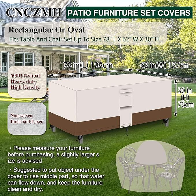Heavy Duty Patio Furniture Covers Waterproof, 600D Outdoor Furniture Cover Waterproof for Sectional Sofa Couch, Outdoor Dining Table and Chair Set Covers 78''L x 62''W x 30''H, Beige Brown