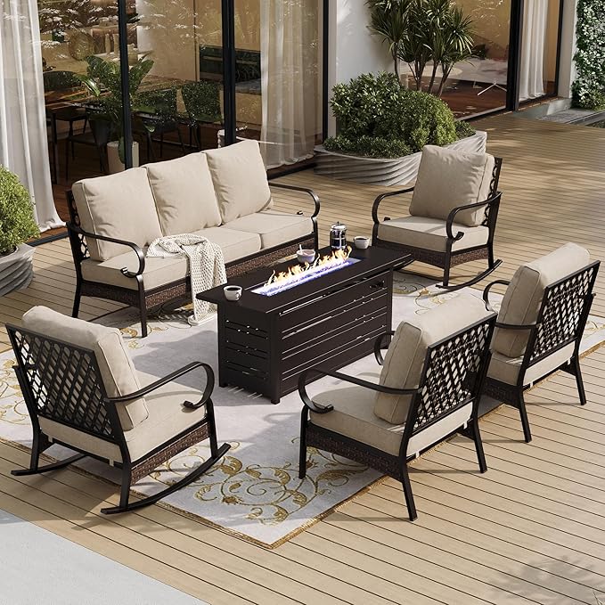 6 Piece Metal Outdoor Patio Furniture Sets with Firepit Table, Patio Conversation Sets 1 3-Seater Sofa, 2 Leg Chair and 2 Rocking Chair with 5.75" Cushion for Backyard Deck, Beige