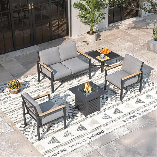 5-Piece Patio Furniture Set with Fire Pit Table & Coffee Table & Removable Washable Cushions, All-Weather Metal Frame and Wood-Like Armrests for Porch, Garden, Balcony,Grey