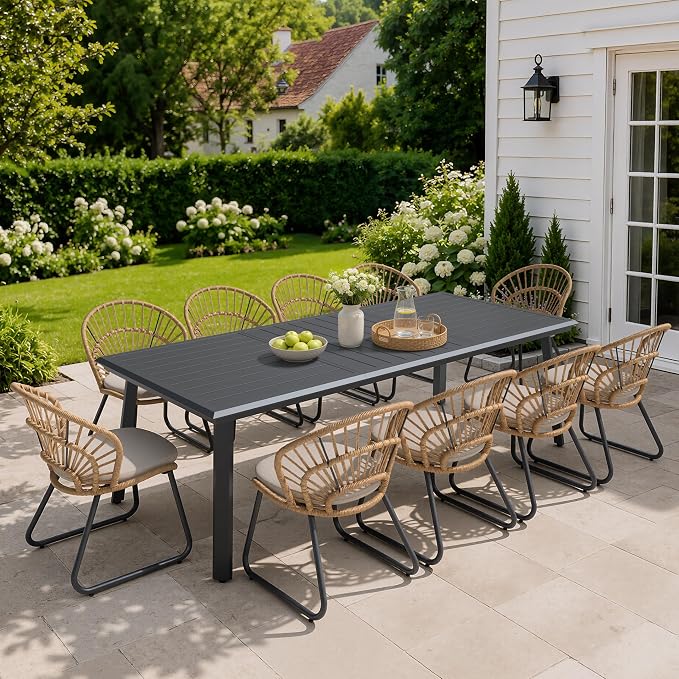 11 Piece Aluminum Patio Dining Set with Rattan Outdoor Chairs | 94" Large Rectangle Dining Table with Umbrella Hole, 10 Shell Shaped Side Chairs with Beige Cushions for Backyard Garden Deck
