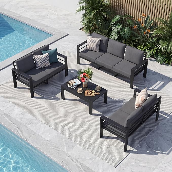 7-Seat Aluminum Patio Furniture Set, 4-Piece Oversized Metal Outdoor Conversation Set with 4" Thick Washable Cushions, Sectional Sofa with Coffee Table for Backyard, Garden, Poolside
